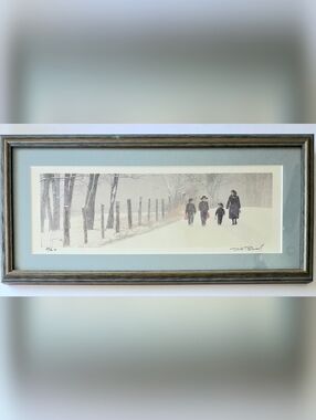 DICK BROWN FRAMED PHOTOGRAPH AMISH FAMILY IN WINTER SNOW SIGNED, NUMBERED L.E.